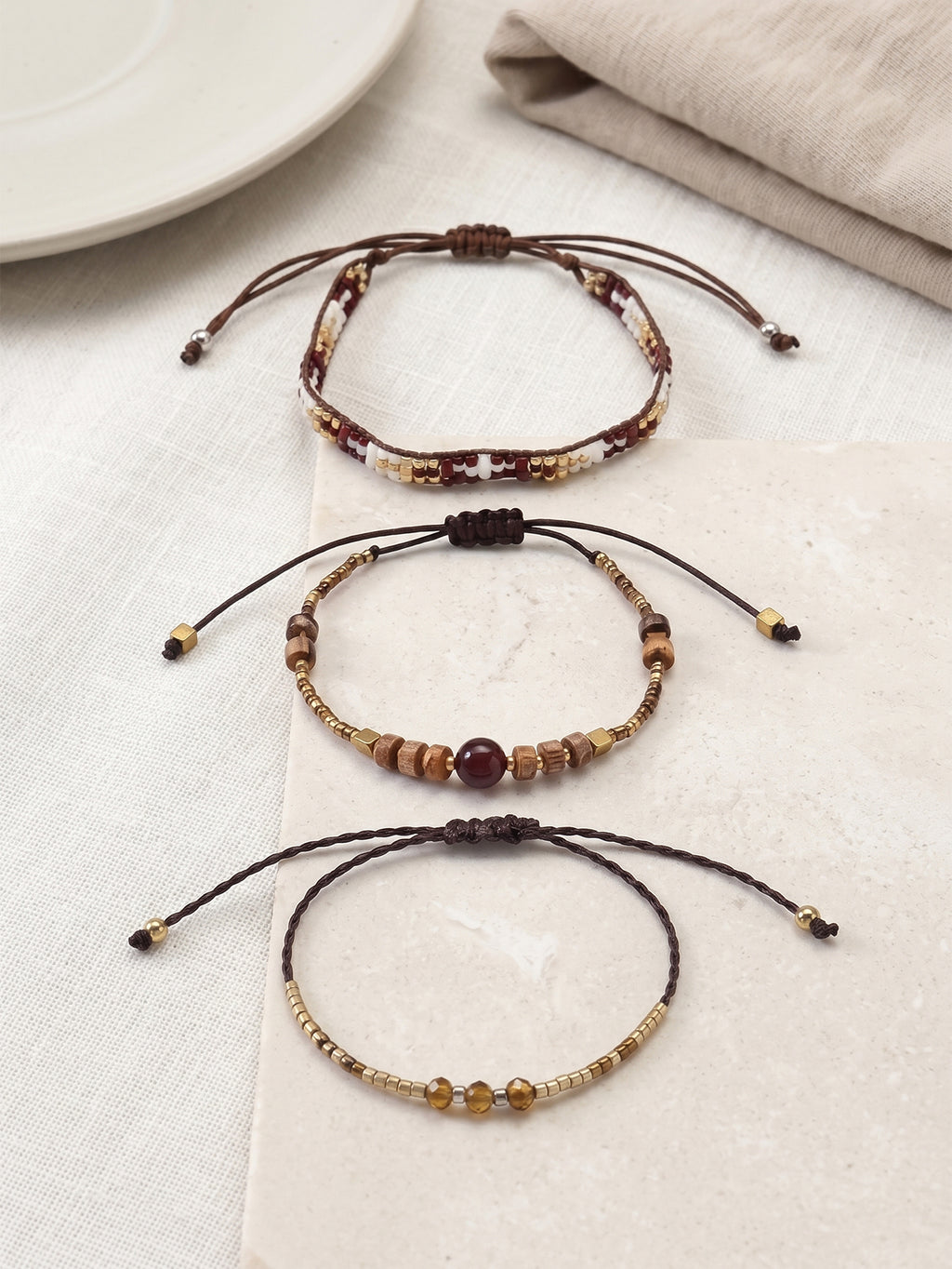 Brown braided three-piece bracelet set with adjustable pull cords | BRA516-01 | image 3