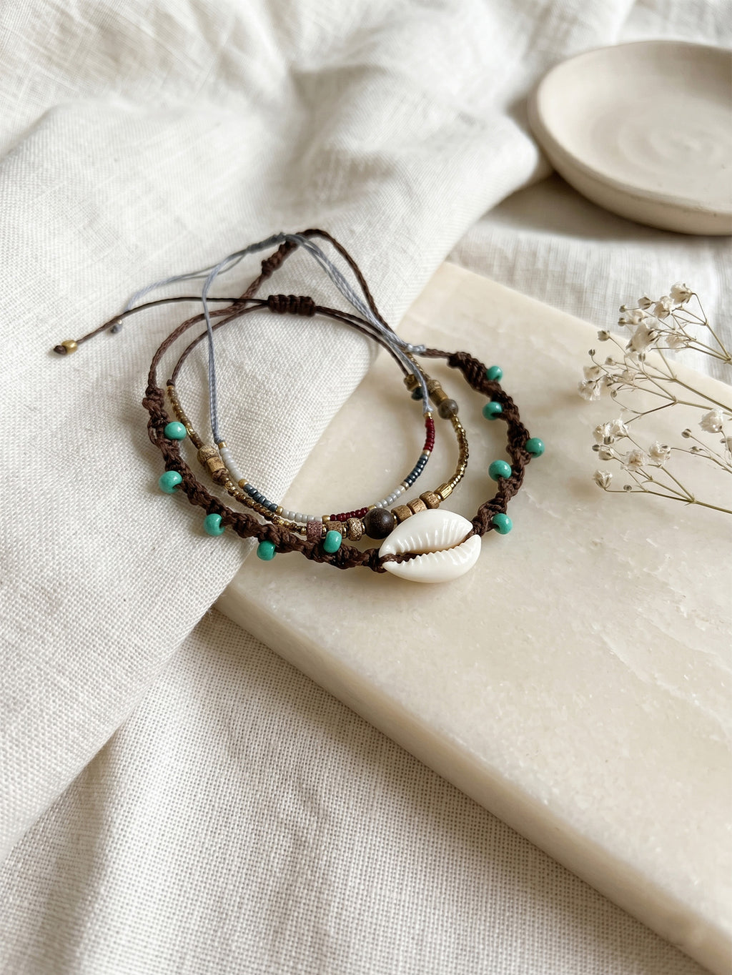 Brown braided three-piece bracelet set with adjustable pull cords | BRA591-01 | image 3