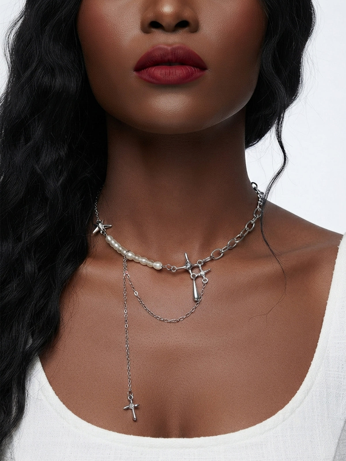 Silver-Tone Four-Point Star Necklace with zinc-alloy hardware | NA620-01 | image 3