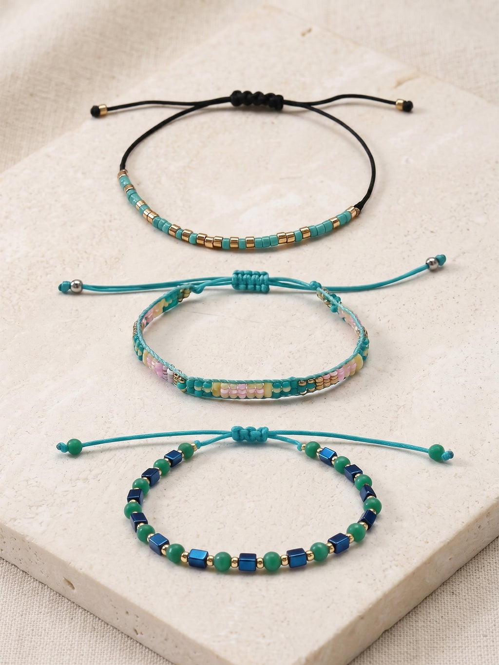 Green braided three-piece bracelet set with adjustable pull cords | BRA507-01 | image 3