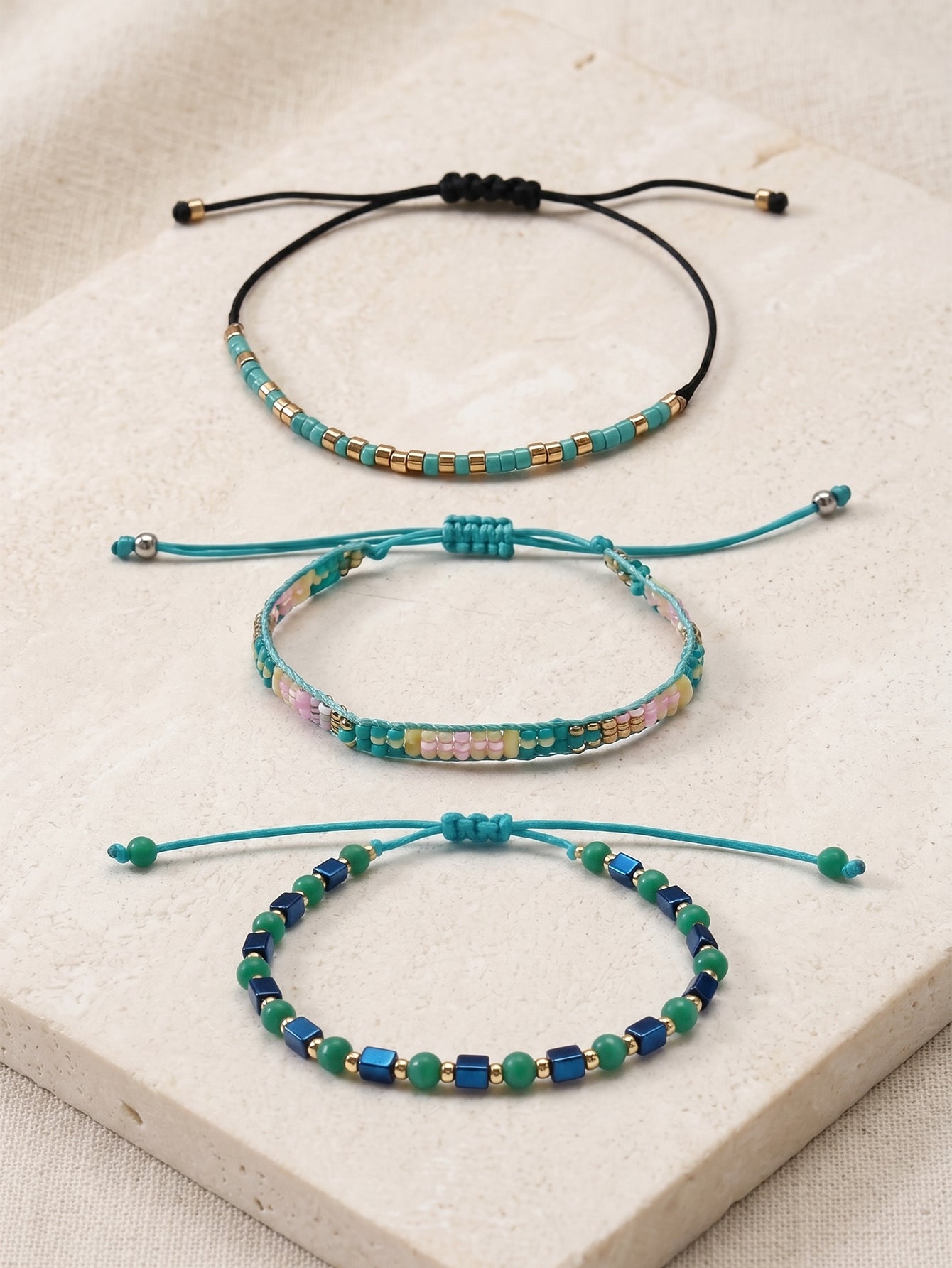Green braided three-piece bracelet set with adjustable pull cords | BRA507-01 | image 3