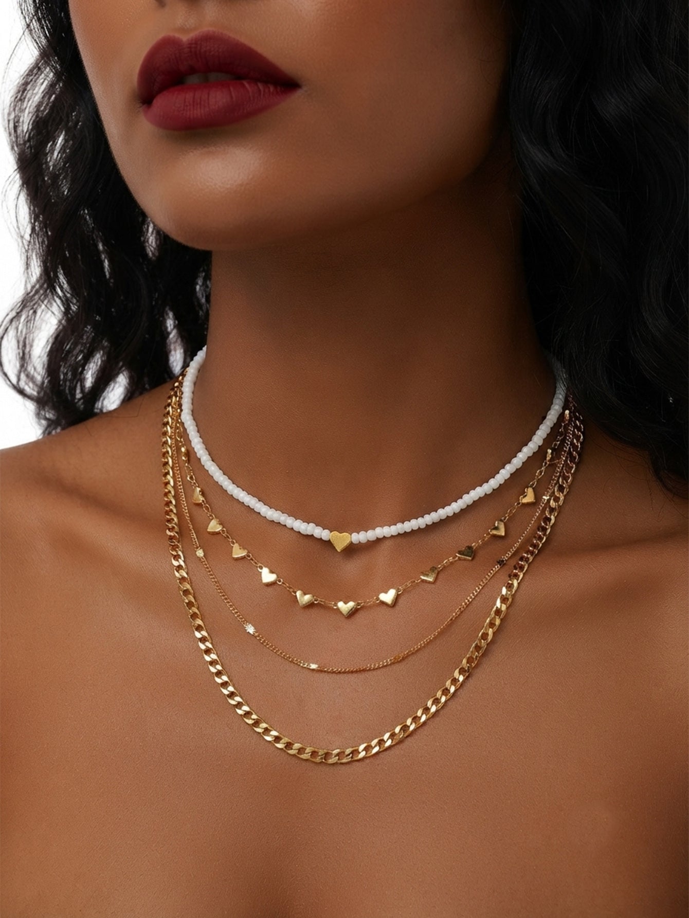 White Seed Bead Heart Layered Necklace with zinc-alloy hardware | NA582-01 | image 3