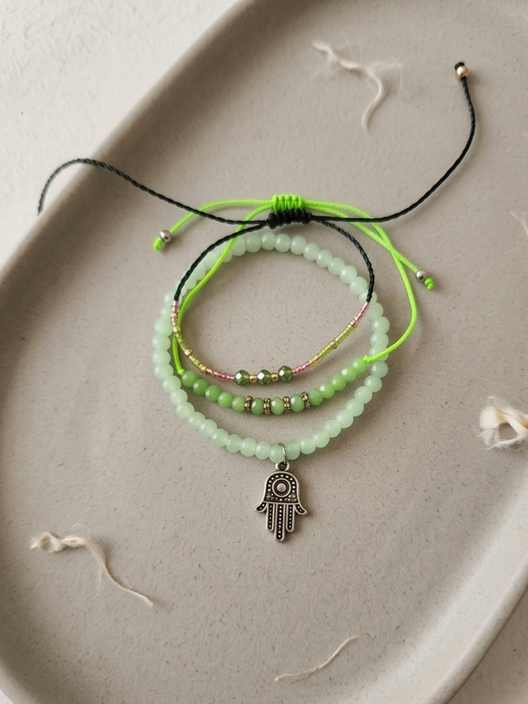 Green braided three-piece bracelet set with adjustable pull cords | BRA579-01 | image 3