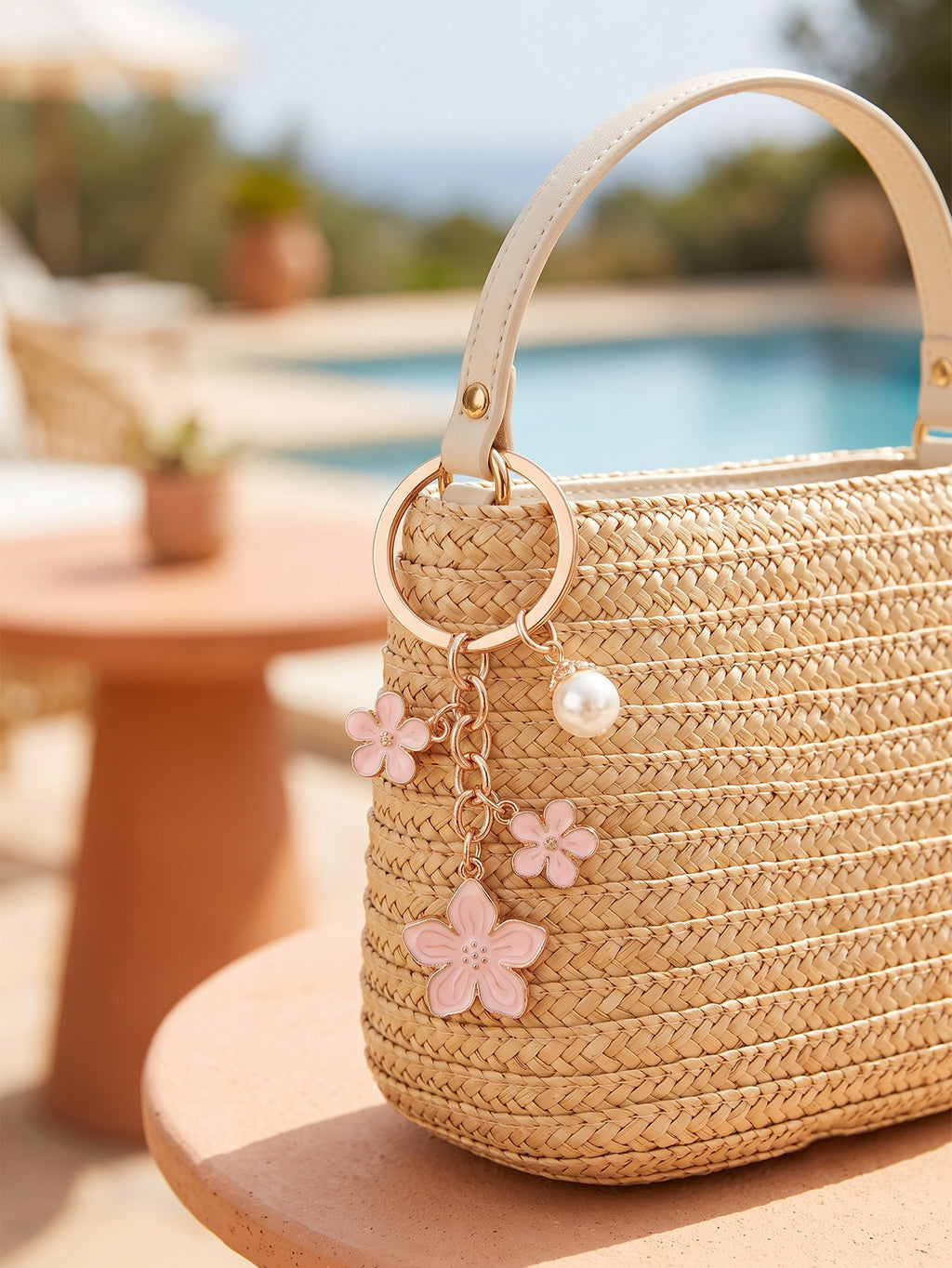 Pink cherry blossom keychain with pearl details | KCA070-12 | image 3