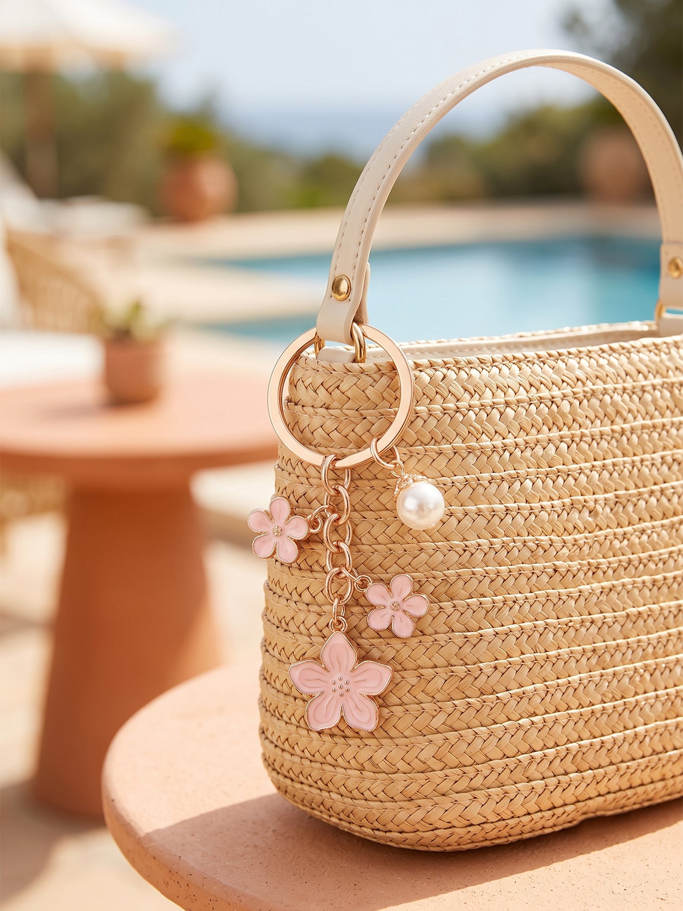 Pink cherry blossom keychain with pearl details | KCA070-12 | image 3