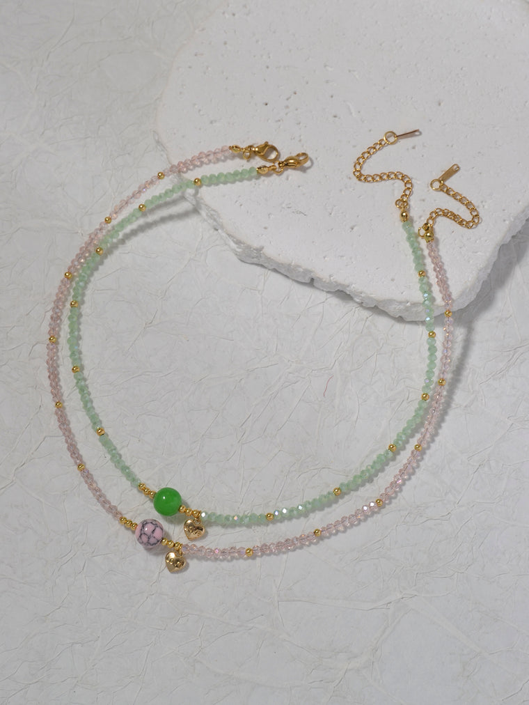 Pink Green Faux Crystal Necklace Set with glass details | NA566-01 | image 3