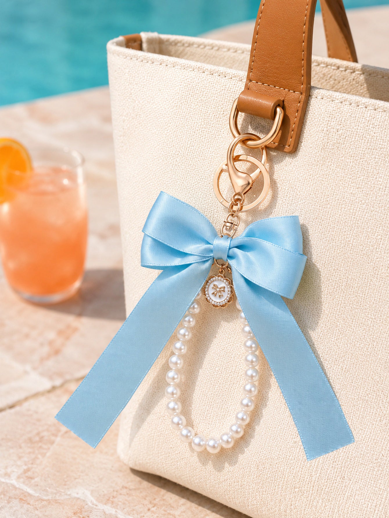 Blue bow keychain with faux pearl strand | KCA051-03 | image 3