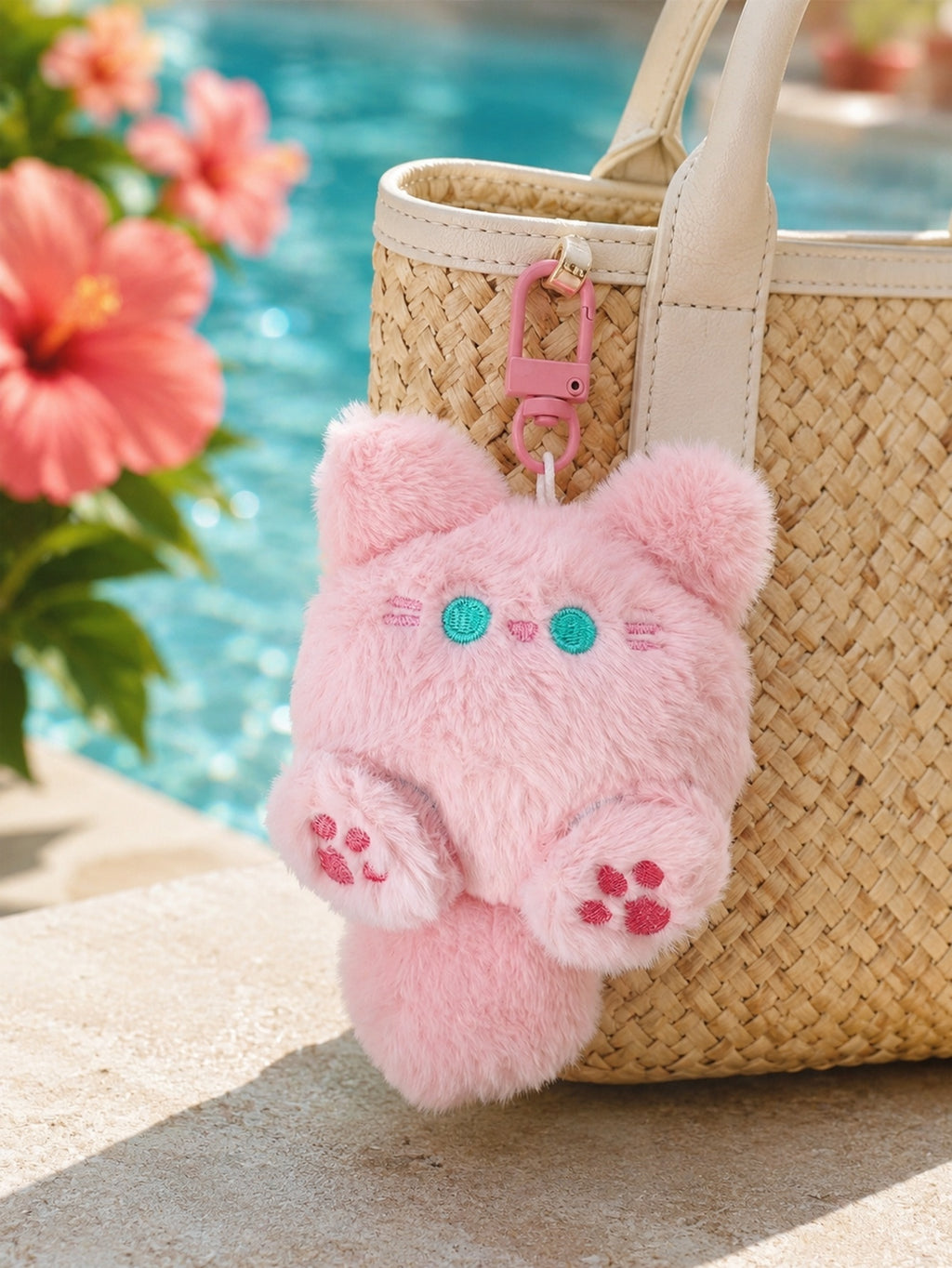 Pink plush cat keychain and backpack charm | KCA071-01 | image 3