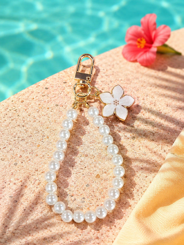 Flower charm keychain with faux pearl strand | KCA056-01 | image 3