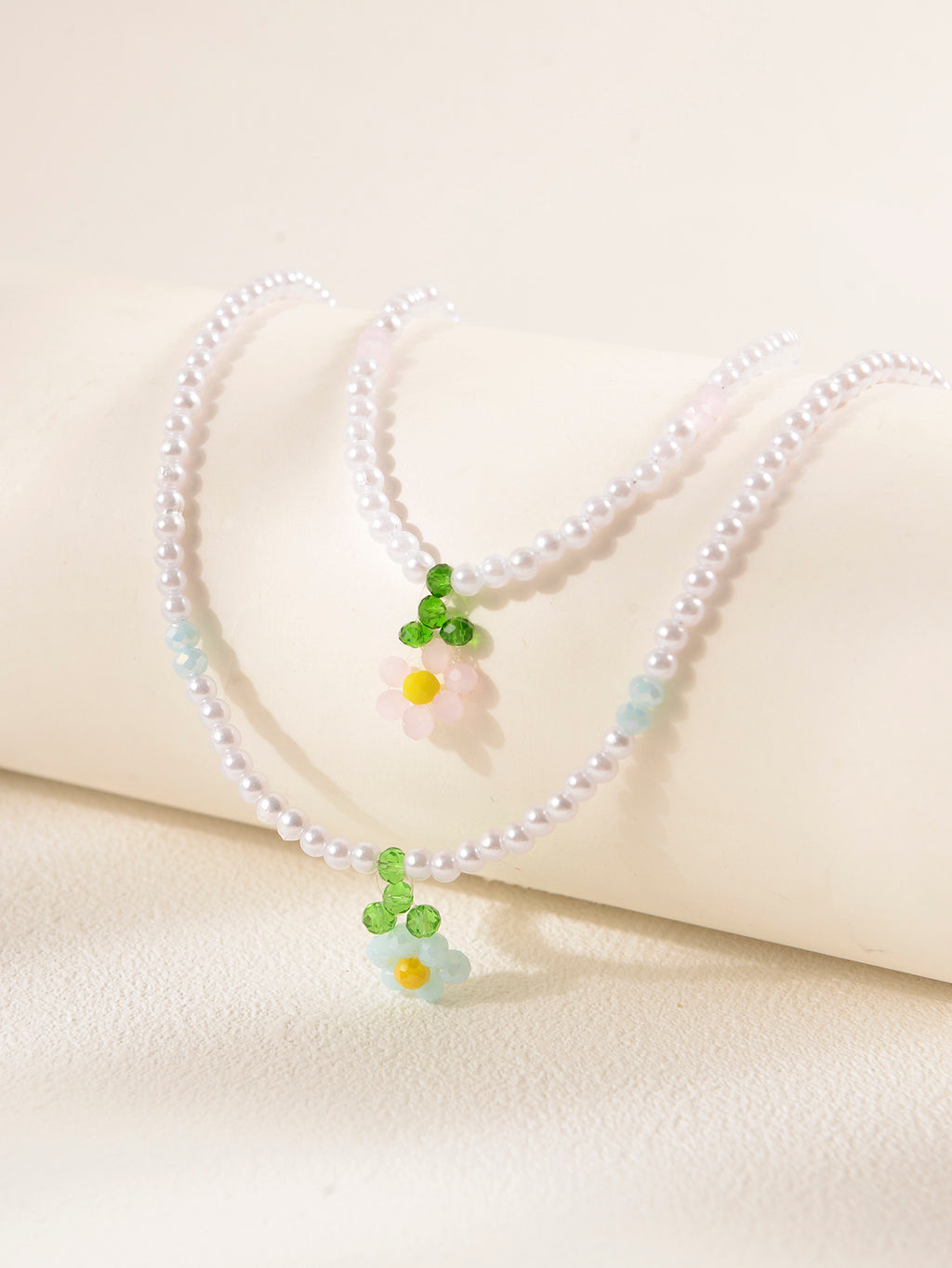 Blue Pink Floral Faux Pearl Necklace Set with glass details | NA564-02 | image 3