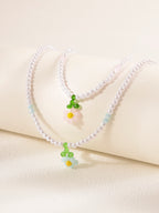 Blue Pink Floral Faux Pearl Necklace Set with glass details | NA564-02 | image 3