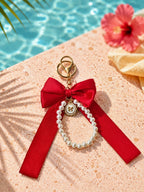 Red bow keychain with faux pearl strand | KCA051-02 | image 3