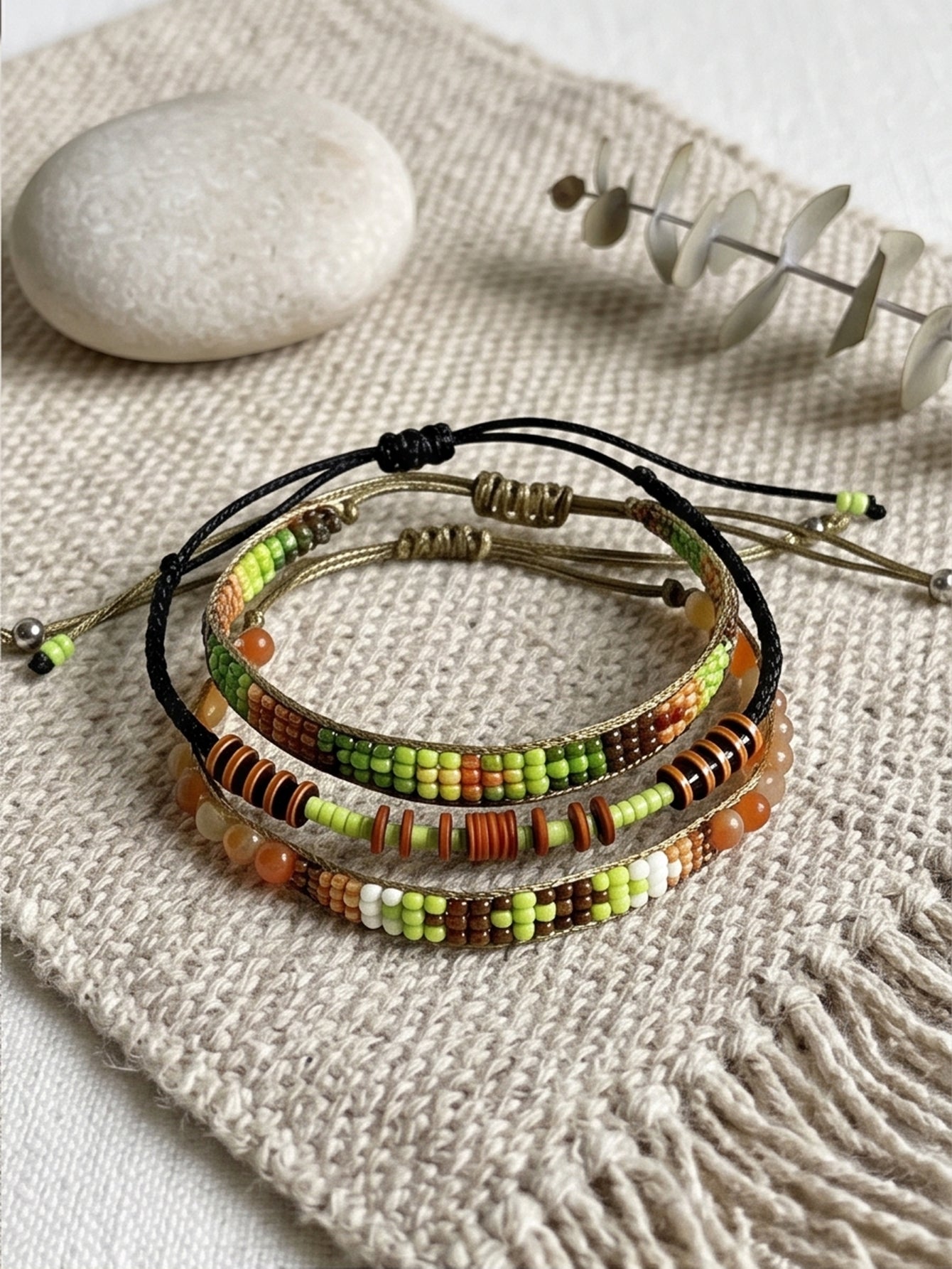 Green braided three-piece bracelet set with adjustable pull cords | BRA505-01 | image 3