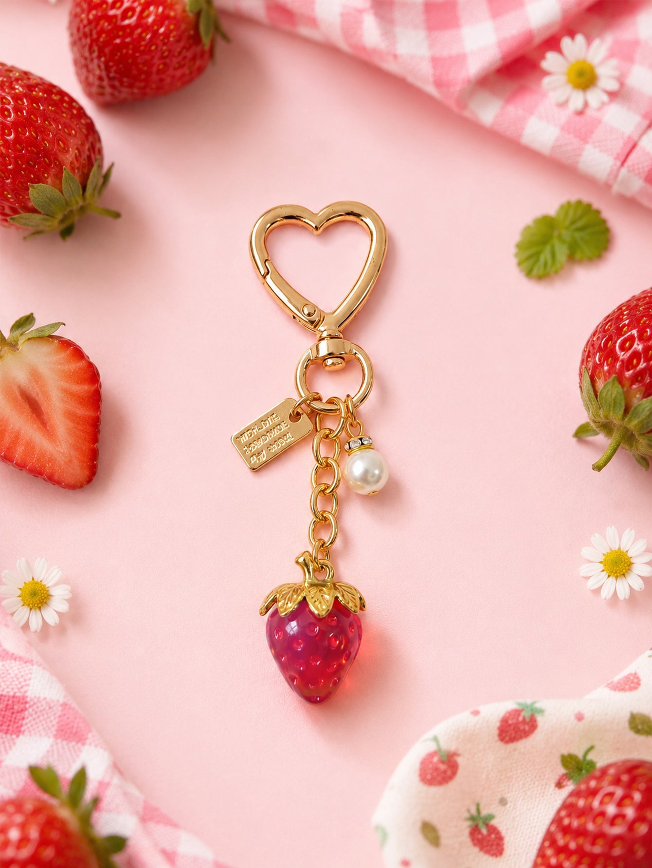 Translucent strawberry keychain with pearl accent | KCA064-03 | image 3