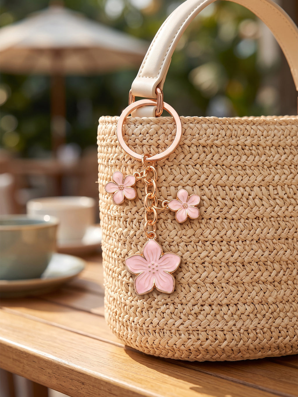 Pink cherry blossom keychain with floral accents | KCA070-06 | image 3