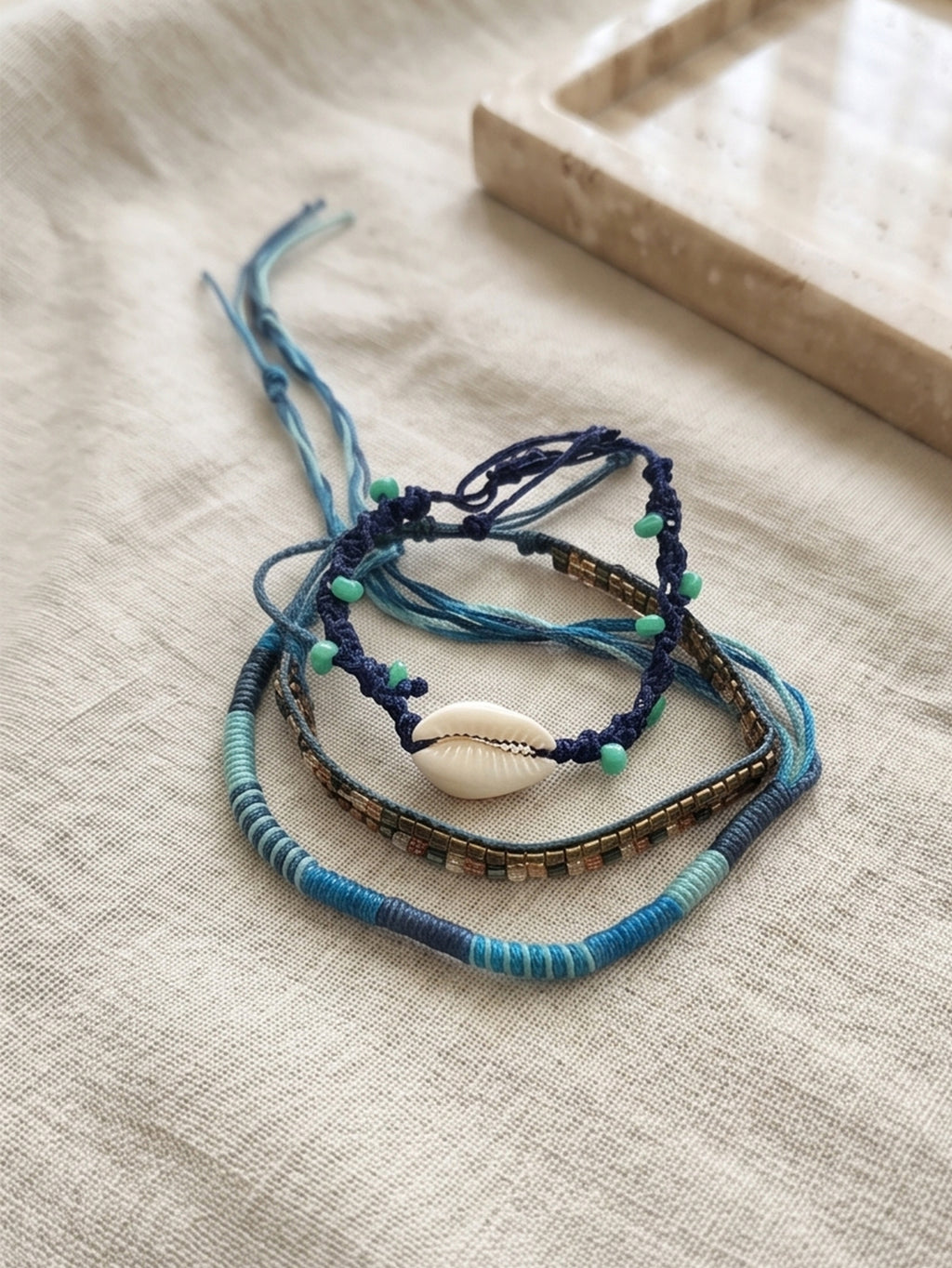 Blue braided three-piece bracelet set with adjustable pull cords | BRA573-01 | image 3