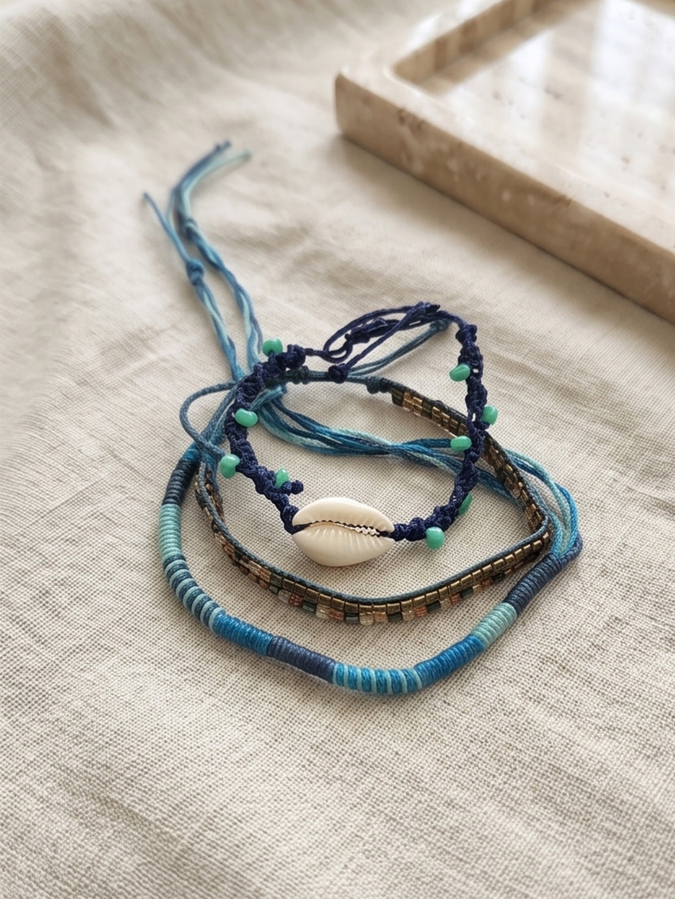 Blue braided three-piece bracelet set with adjustable pull cords | BRA573-01 | image 3