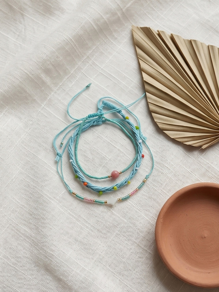 Blue braided three-piece bracelet set with adjustable pull cords | BRA582-01 | image 3