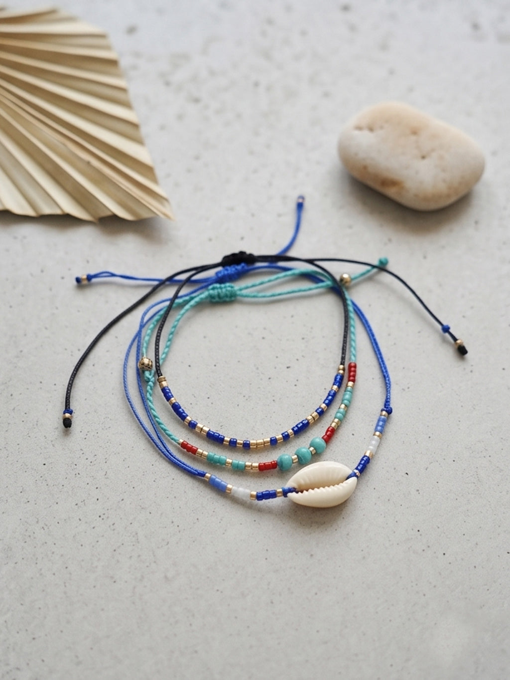 Blue braided three-piece bracelet set with adjustable pull cords | BRA581-01 | image 3