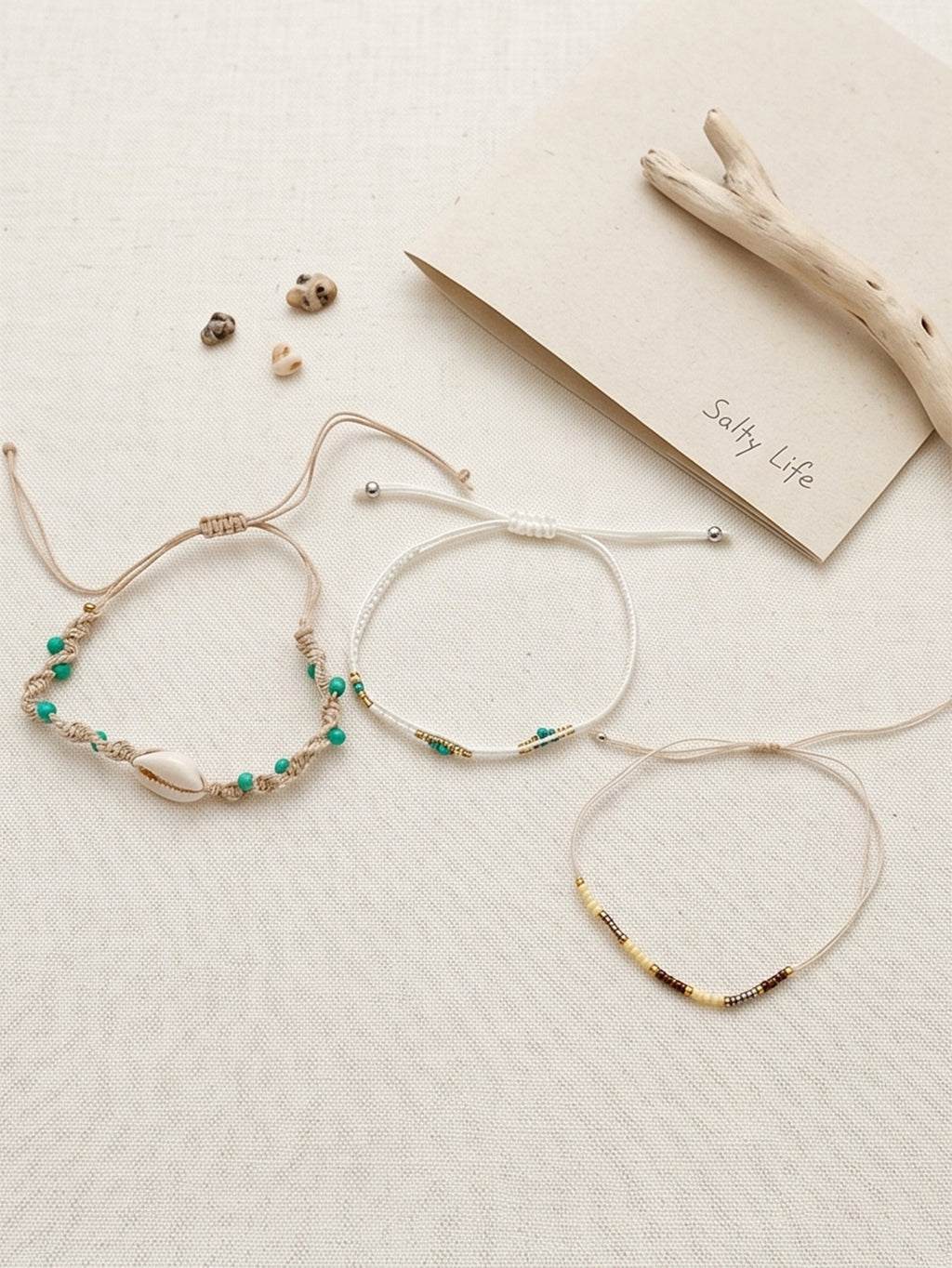 White braided three-piece bracelet set with adjustable pull cords | BRA559-01 | image 3