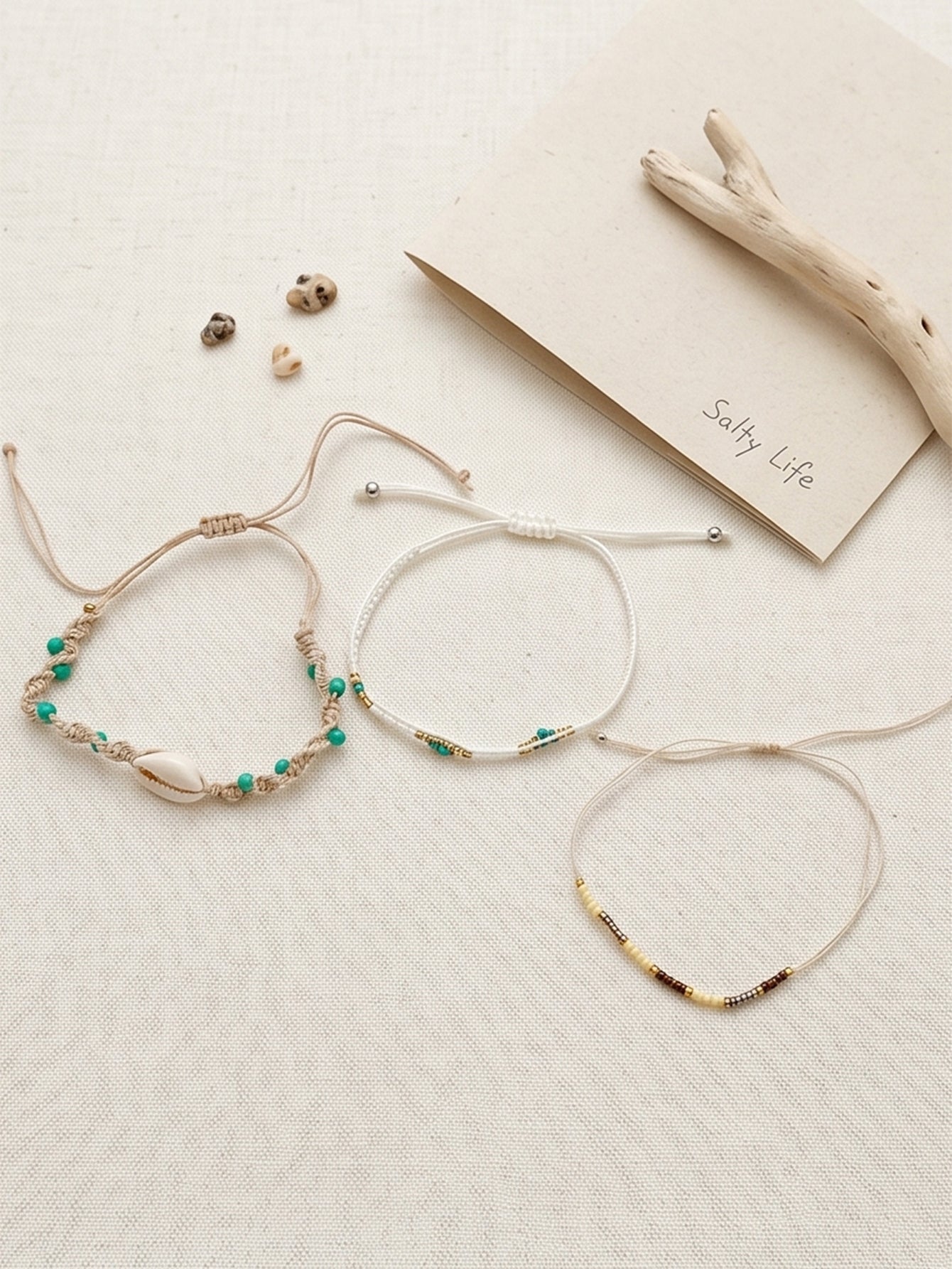 White braided three-piece bracelet set with adjustable pull cords | BRA559-01 | image 3