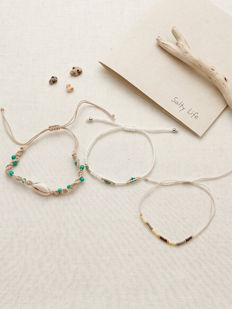 White braided three-piece bracelet set with adjustable pull cords | BRA559-01 | image 3