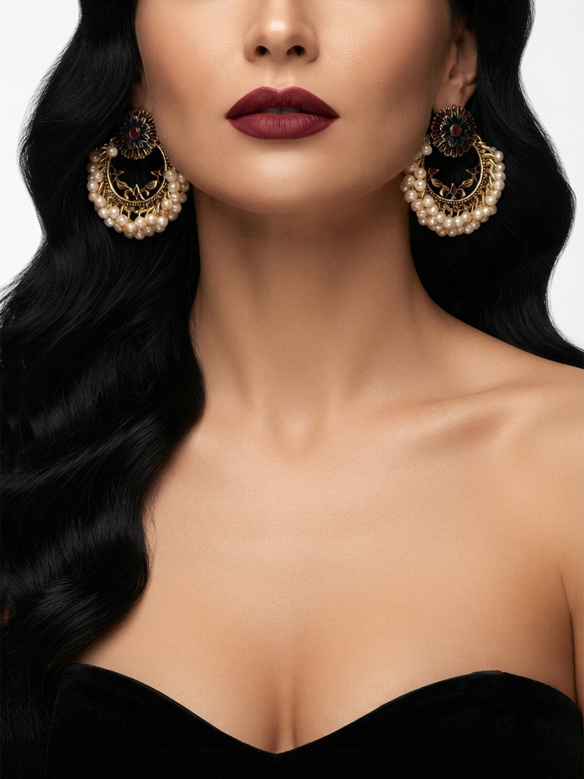 Geometric floral pearl statement earrings with vintage-inspired details | ERA621-01 | image 3