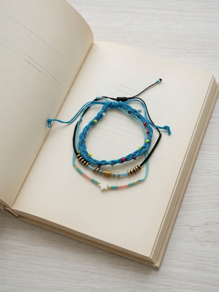 Blue braided three-piece bracelet set with adjustable pull cords | BRA571-01 | image 3