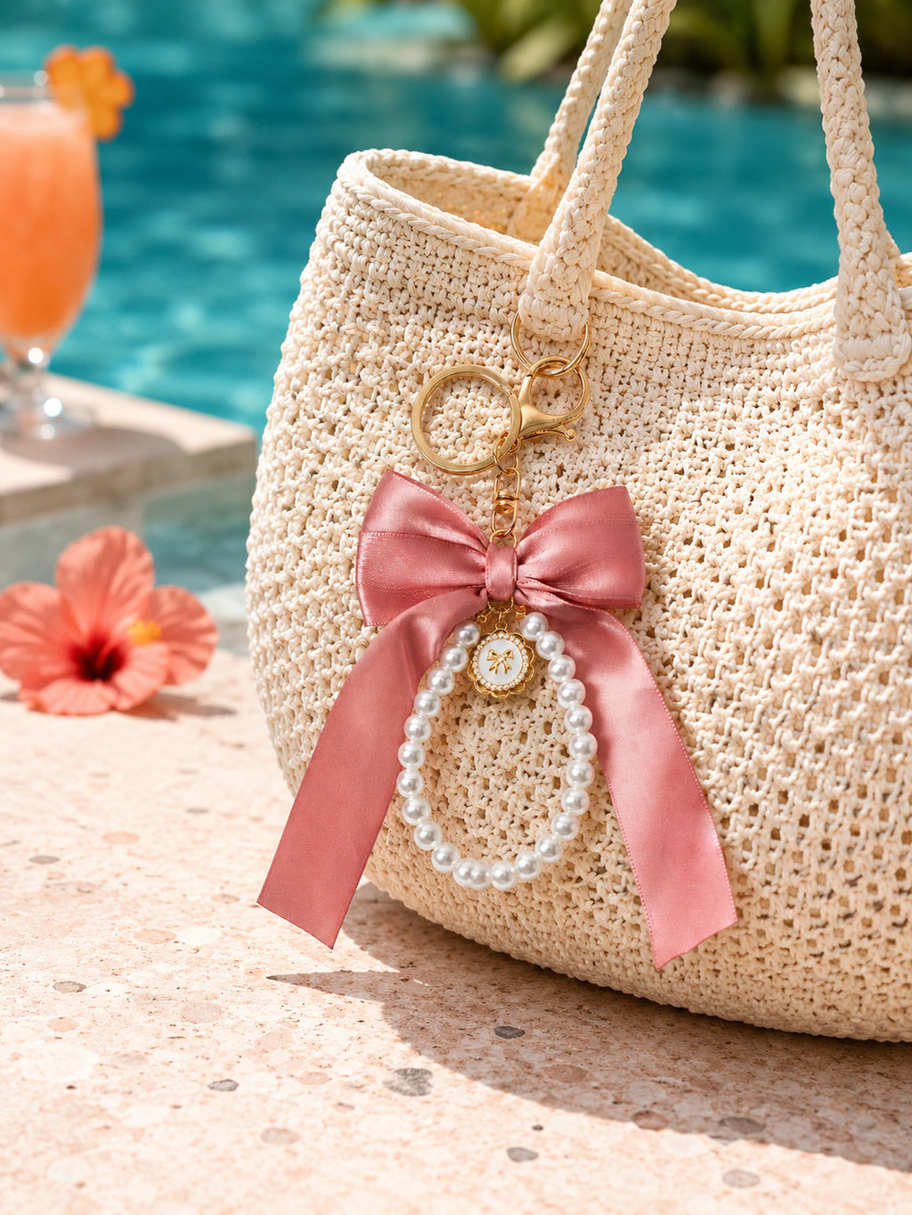 Pink bow keychain with faux pearl strand | KCA051-01 | image 3