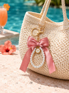 Pink bow keychain with faux pearl strand | KCA051-01 | image 3