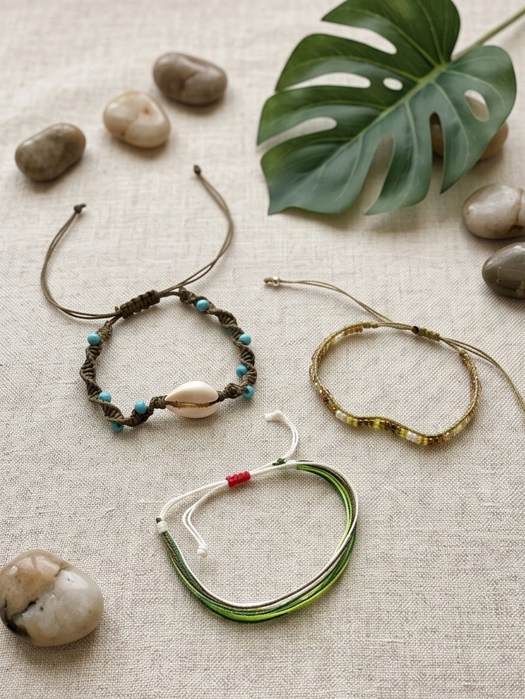 Green braided three-piece bracelet set with adjustable pull cords | BRA589-01 | image 3