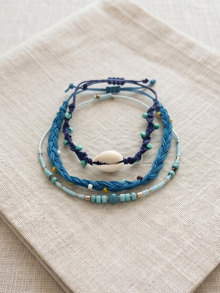 Blue braided three-piece bracelet set with adjustable pull cords | BRA583-01 | image 3