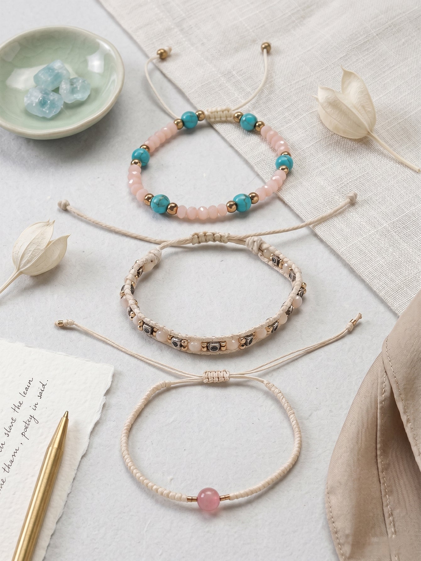 Beige braided three-piece bracelet set with adjustable pull cords | BRA515-01 | image 3
