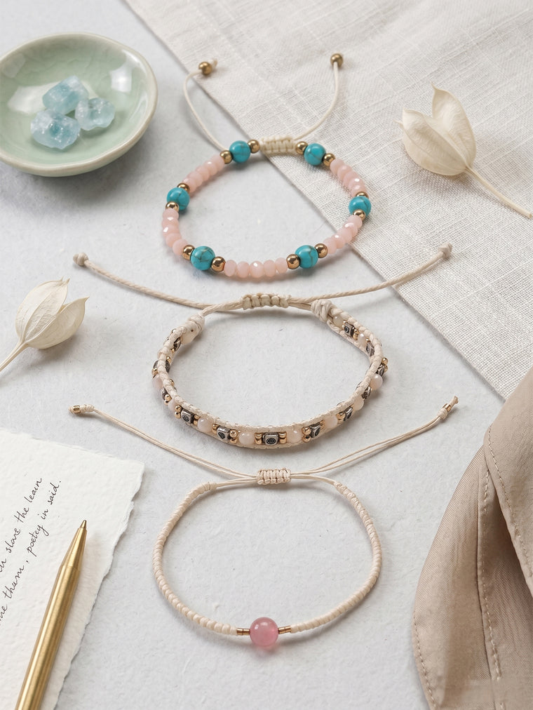 Beige braided three-piece bracelet set with adjustable pull cords | BRA515-01 | image 3