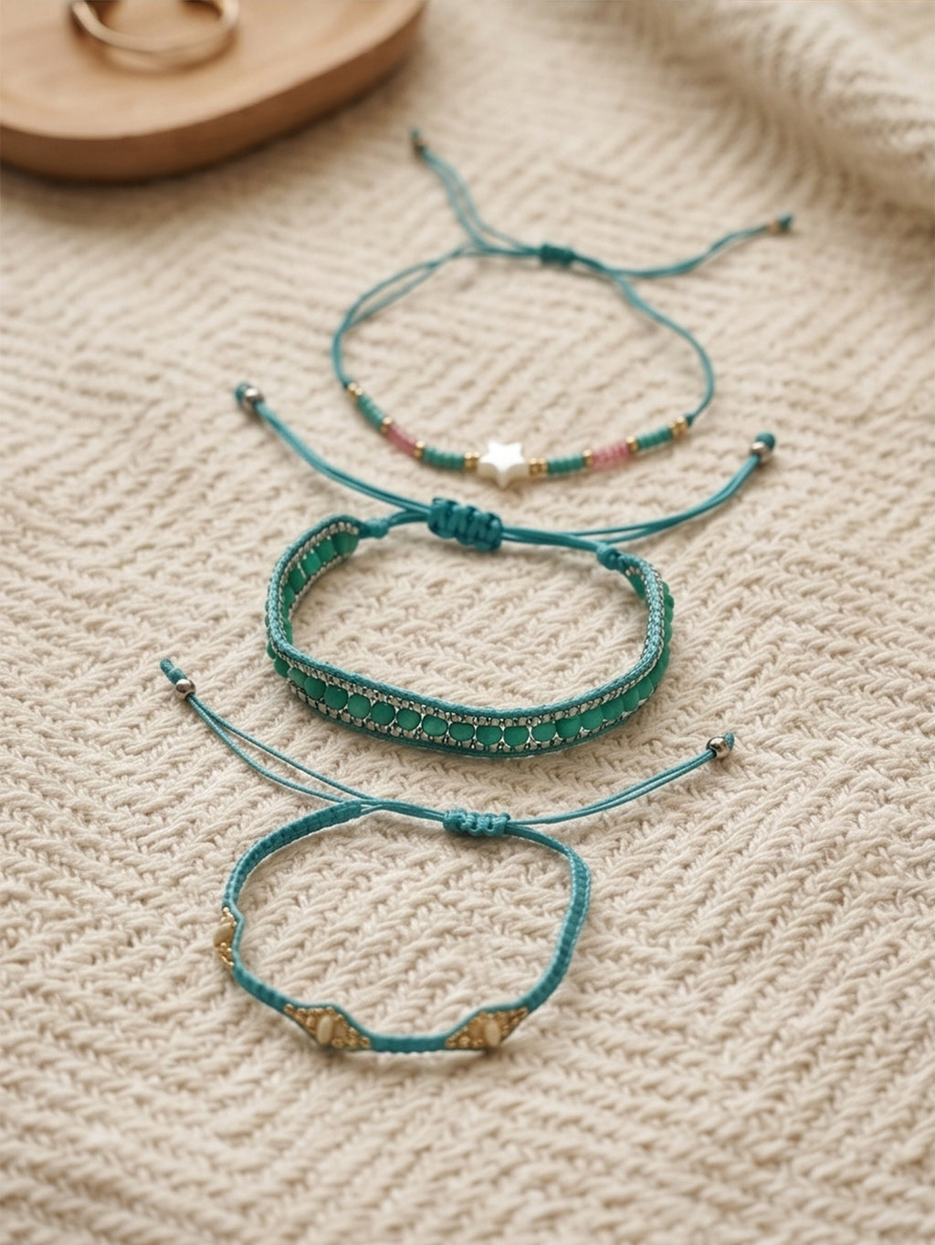 Teal braided three-piece bracelet set with adjustable pull cords | BRA506-01 | image 3