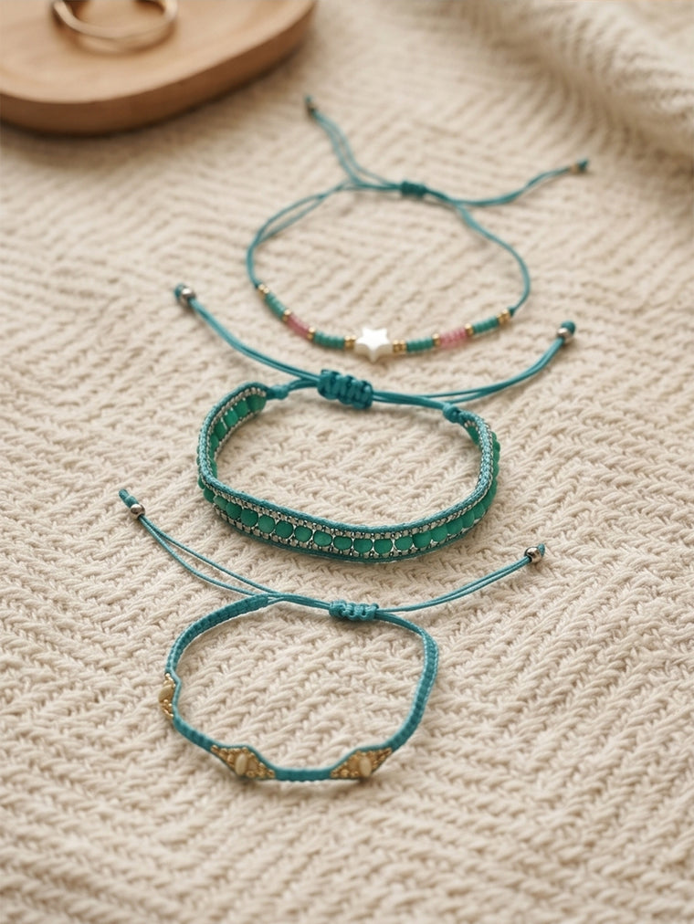 Teal braided three-piece bracelet set with adjustable pull cords | BRA506-01 | image 3