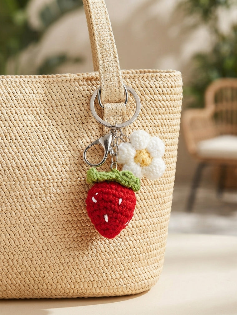 Handwoven strawberry flower keychain in red | KCA082-01 | image 3