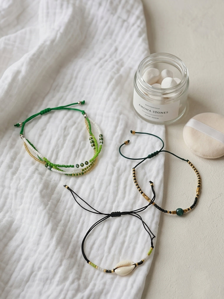 Green braided three-piece bracelet set with adjustable pull cords | BRA580-01 | image 3