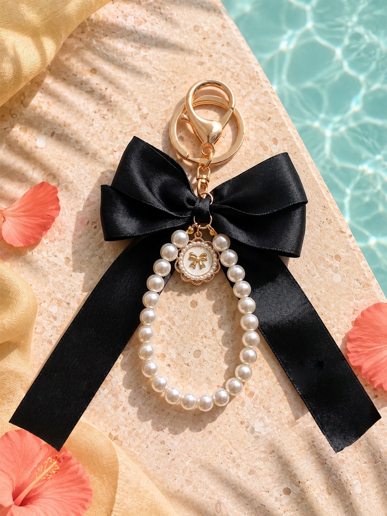 Black bow keychain with faux pearl strand | KCA051-04 | image 3