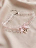 Pink Lace Bow Pearl Necklace with polyester fabric | NA866-03 | image 3