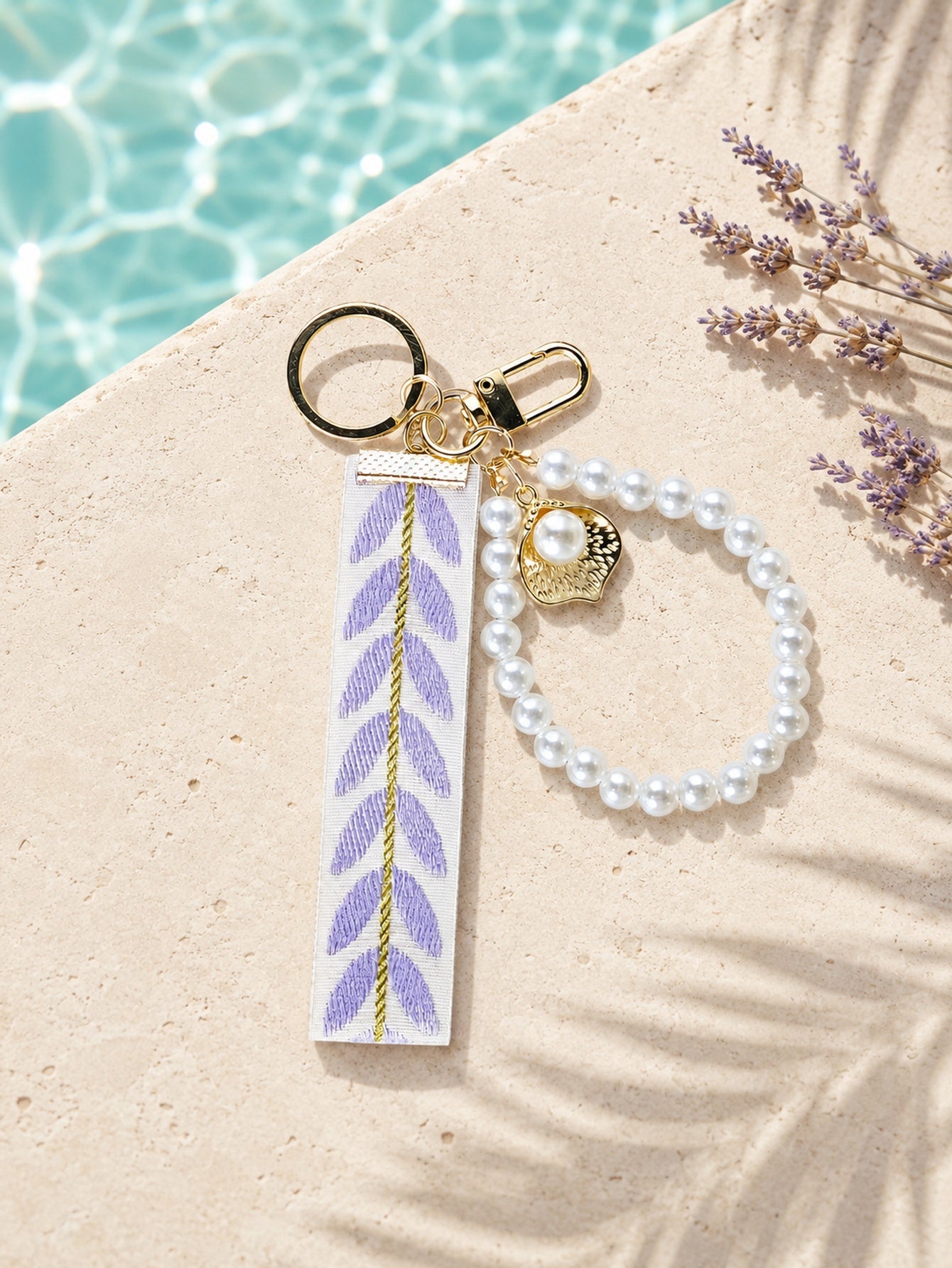 Ribbon keychain with woven detail and faux pearls | KCA055-04 | image 3