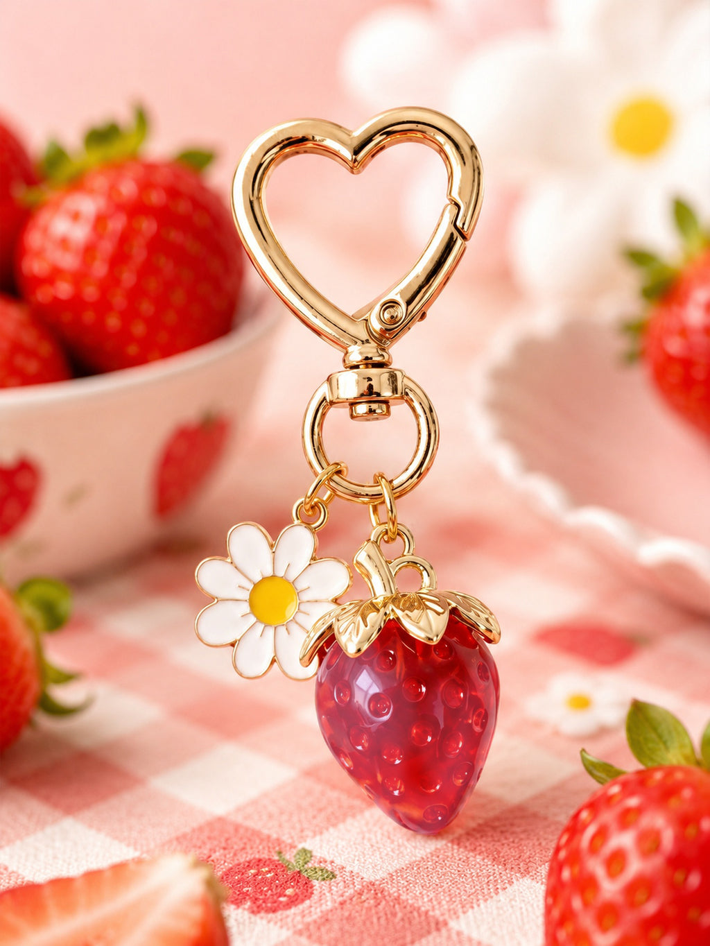 Translucent strawberry keychain with daisy accent | KCA064-02 | image 3