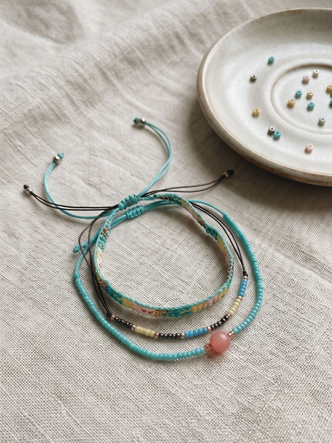 Blue braided three-piece bracelet set with adjustable pull cords | BRA565-01 | image 3