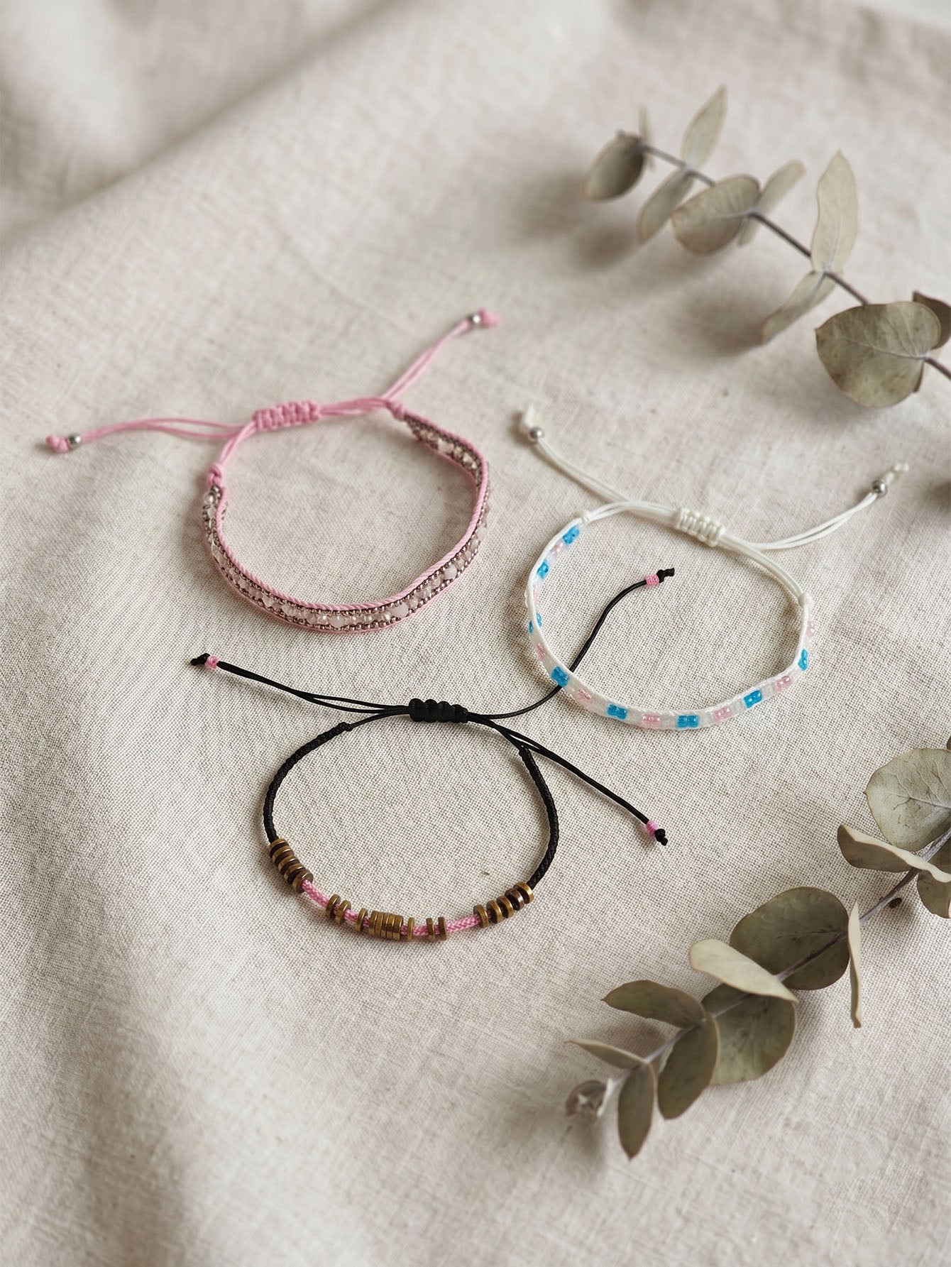 Light Pink braided three-piece bracelet set with adjustable pull cords | BRA563-01 | image 3