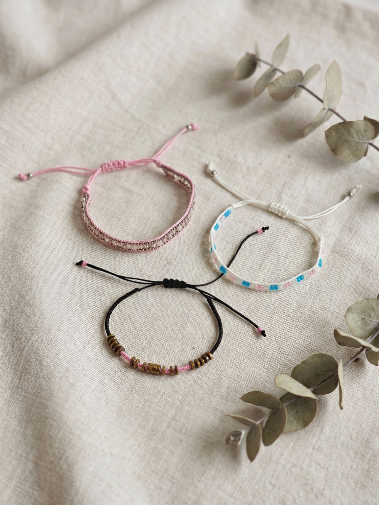 Light Pink braided three-piece bracelet set with adjustable pull cords | BRA563-01 | image 3