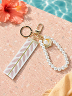 Ribbon keychain with woven detail and faux pearls | KCA055-01 | image 3