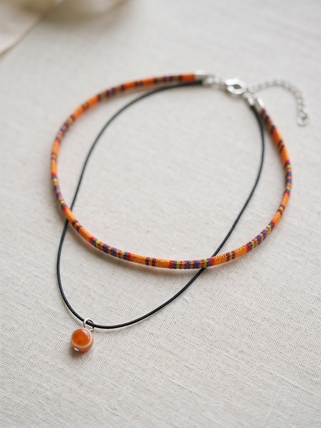 Orange Double Layer Beaded Necklace with polyester fabric | NA262-04 | image 3