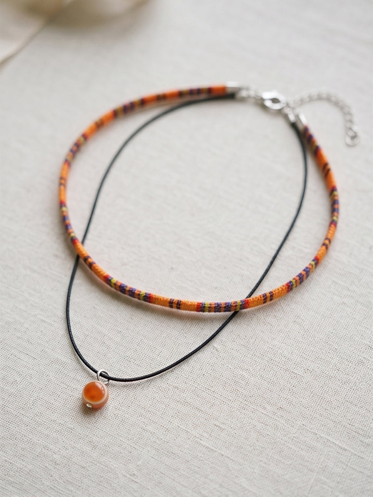Orange Double Layer Beaded Necklace with polyester fabric | NA262-04 | image 3