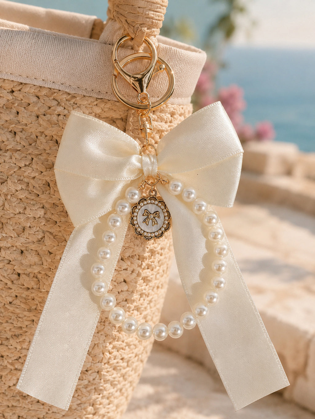 Ivory bow keychain with faux pearl strand | KCA051-05 | image 3