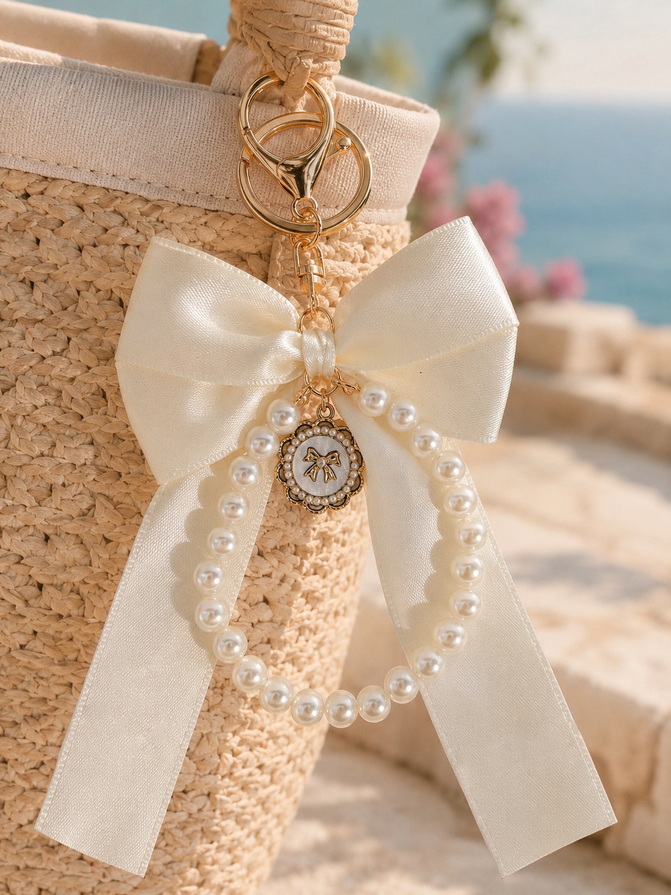 Ivory bow keychain with faux pearl strand | KCA051-05 | image 3